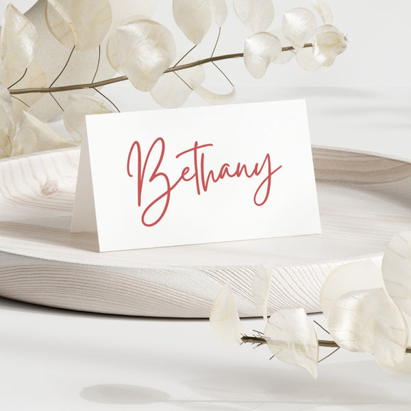 red and cream floral wedding place cards - personalised wedding name cards