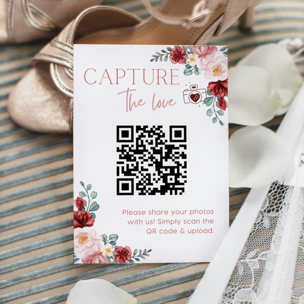 red and cream floral guest photo sharing QR code sign - personalised wedding reception sign