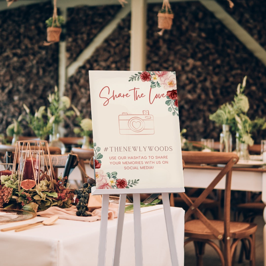 red and cream floral wedding hashtag sign - personalised wedding signs cheap