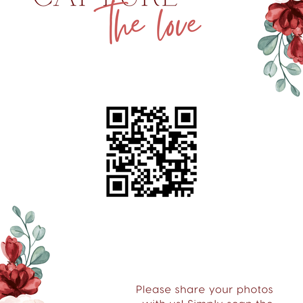 Romantic Red floral photo sharing qr code sign for wedding tables - luxury wedding table signage for guests to share photos