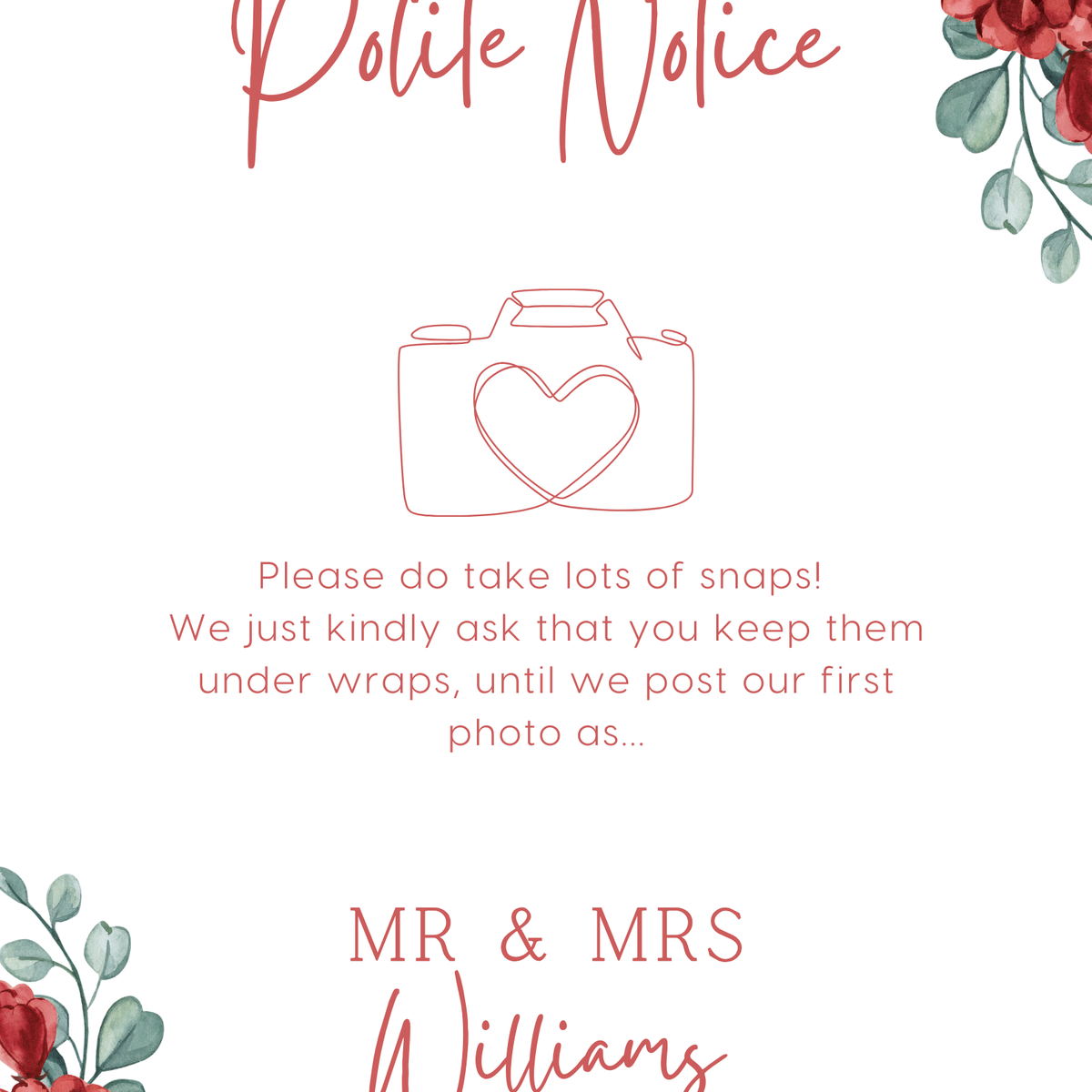 burgundy floral polite notice wedding sign - Polite notice card for wedding display - luxury wedding signage