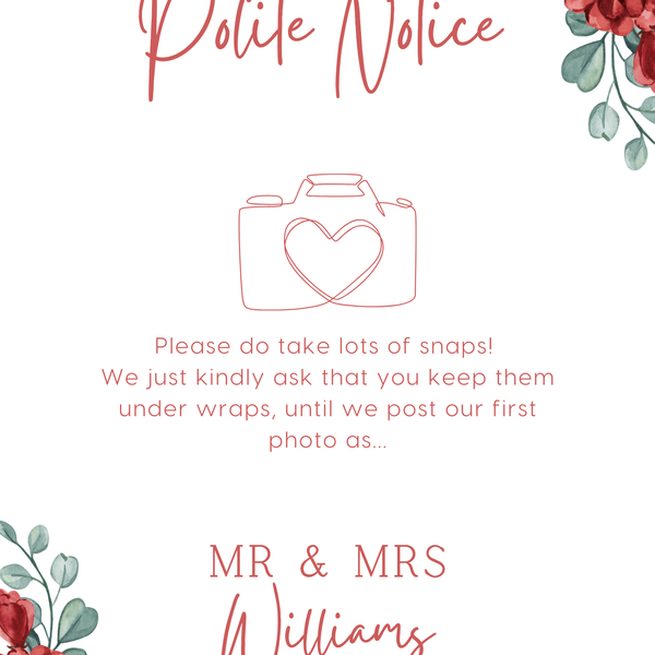 burgundy floral polite notice wedding sign - Polite notice card for wedding display - luxury wedding signage