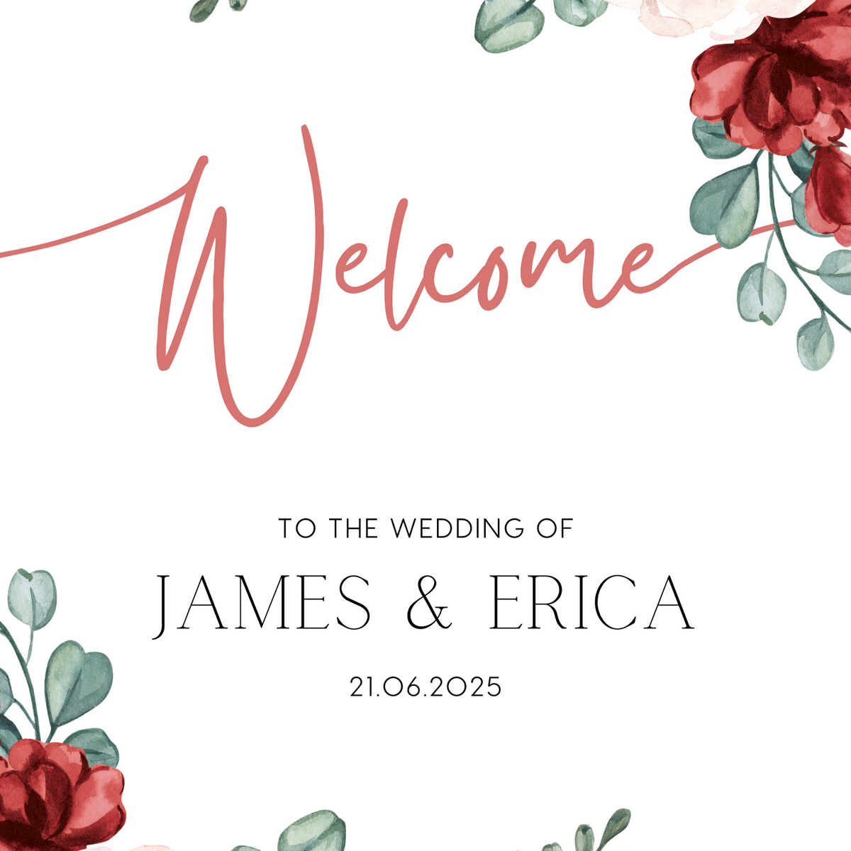 Red Pink Floral Wedding Welcome Sign in Portrait Orientation. Elegant and sophisticated in design. Personalised wedding signs, printed and delivered in the UK