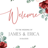 Red Pink Floral Wedding Welcome Sign in Portrait Orientation. Elegant and sophisticated in design. Personalised wedding signs, printed and delivered in the UK