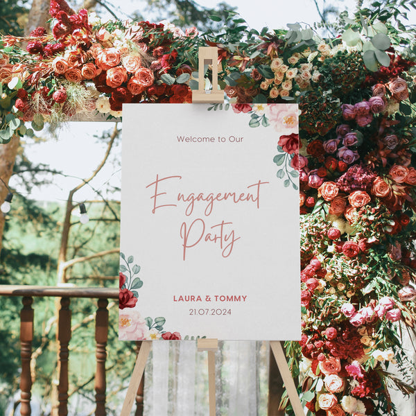 Red and cream floral engagement party welcome sign | burgundy floral engagement party sign