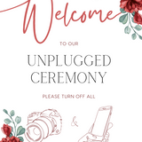 Red Burgundy floral unplugged ceremony sign, in an elegant layout to impress your guests. Custom unplugged ceremony wedding board for unplugged wedding