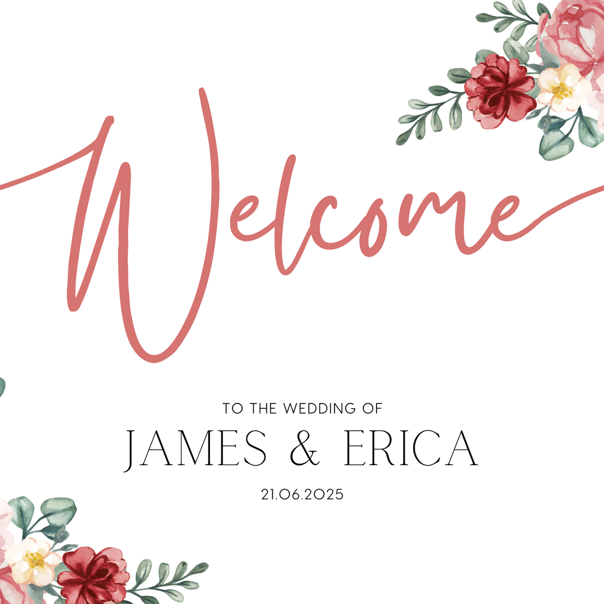 red and cream floral wedding welcome sign - elegant burgundy floral welcome sign personalised and printed in the UK