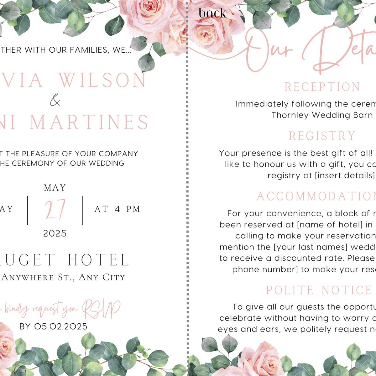 pink roses floral wedding invites - affordable perosnalised wedding invitations