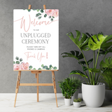 pink roses floral unplugged ceremony sign - affordable personalised wedding signs