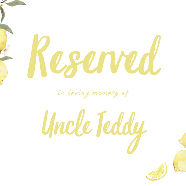 Limoncello reserved in memory wedding chair sign with lemon watercolour illustrations and yellow script text