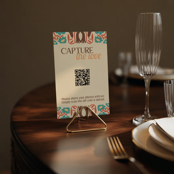 Retro cream photo sharing qr code sign for wedding tables - luxury wedding table signage for guests to share photos