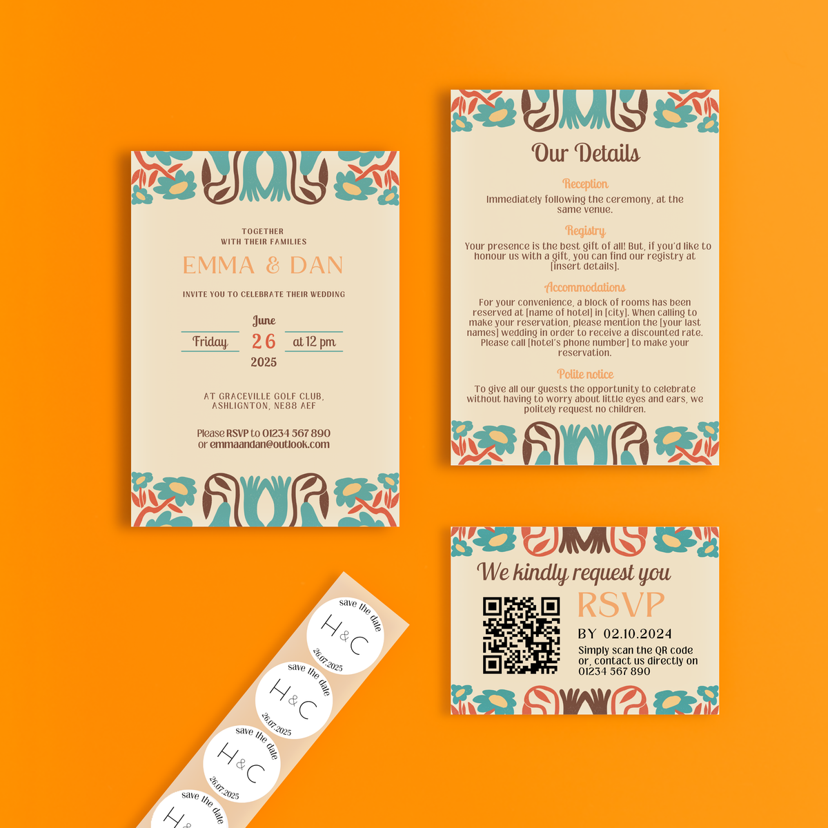 retro wedding stationery essentials bundle - wedding stationery bundle customised - wedding invites bundle with rsvp - personalised wedding invites rsvp bundle