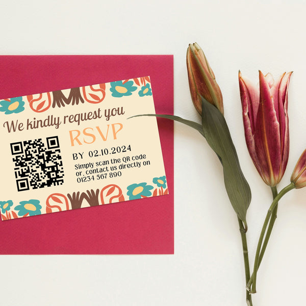 cream retro wedding RSVP with QR - personalised wedding RSVPs invitations