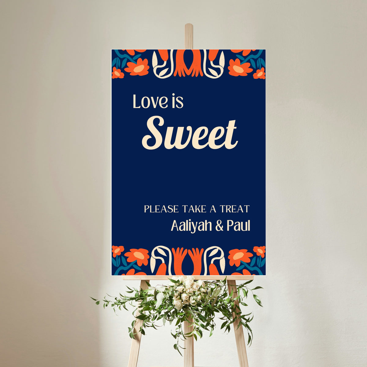 navy retro wedding sweet table sign - personalised love is sweet sign 