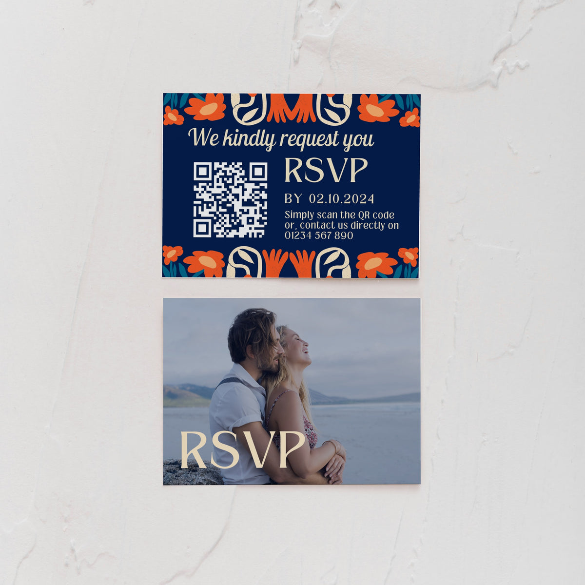 navy retro wedding RSVP with QR - personalised wedding RSVPs invitations