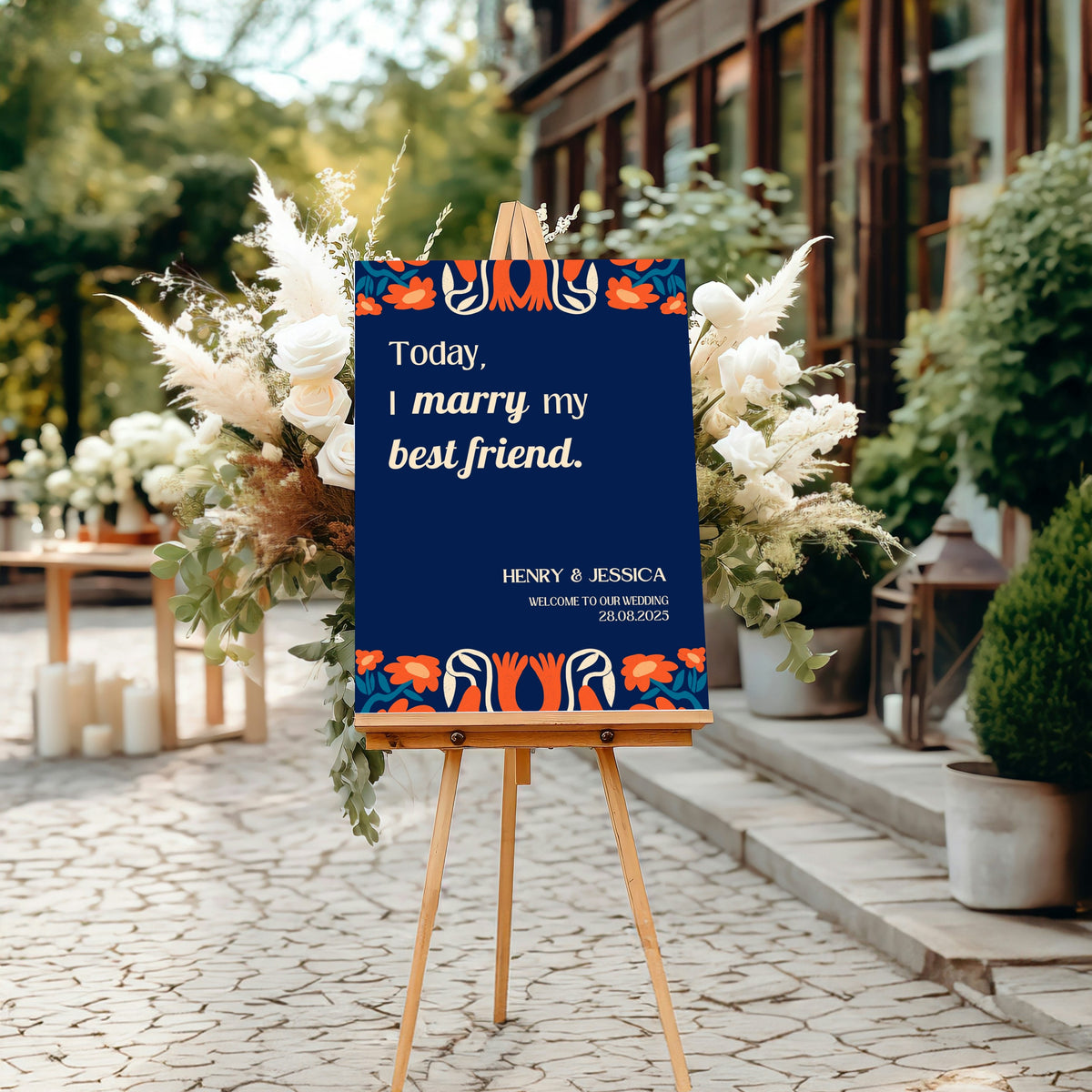 navy retro today I marry my best friend wedding welcome sign personalised