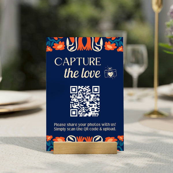 navy retro guest photo sharing QR code sign - personalised wedding reception sign