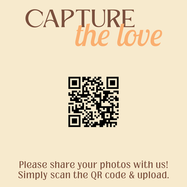 Retro cream photo sharing qr code sign for wedding tables - luxury wedding table signage for guests to share photos