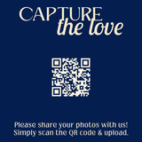 Retro navy photo sharing qr code sign for wedding tables - luxury wedding table signage for guests to share photos