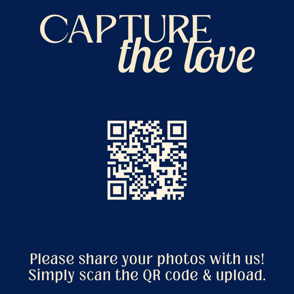 Retro navy photo sharing qr code sign for wedding tables - luxury wedding table signage for guests to share photos
