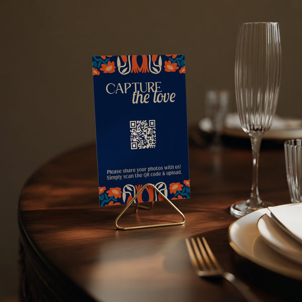Retro navy photo sharing qr code sign for wedding tables - luxury wedding table signage for guests to share photos