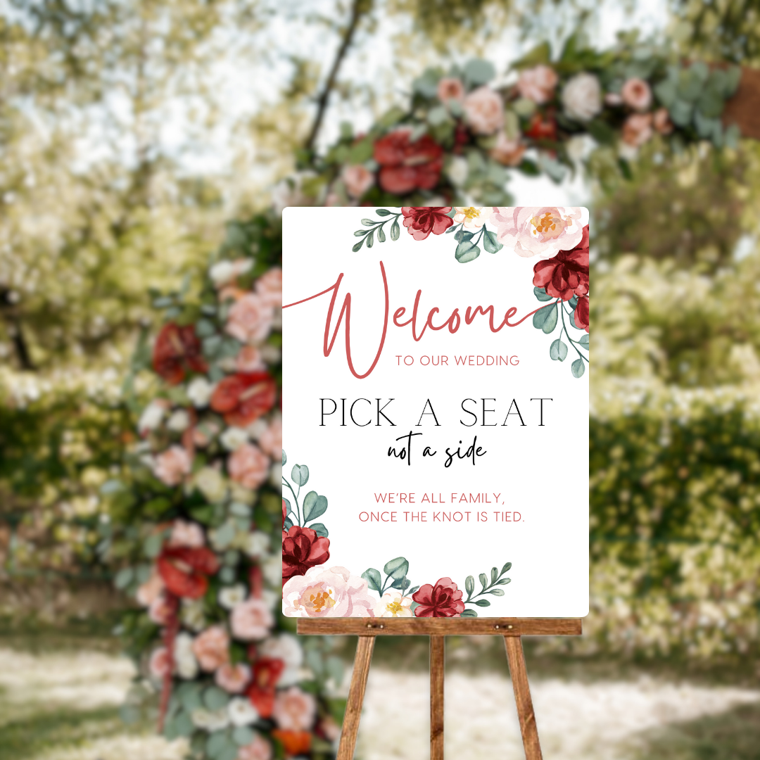 red and cream floral pick a seat not a side wedding sign - affordable wedding ceremony signs