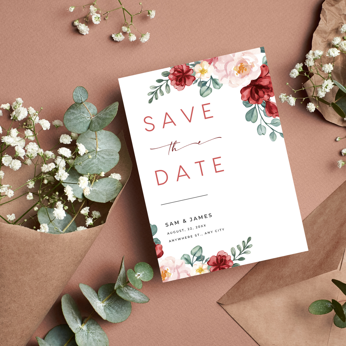 red and cream floral wedding save the date invites - affordable save the dates