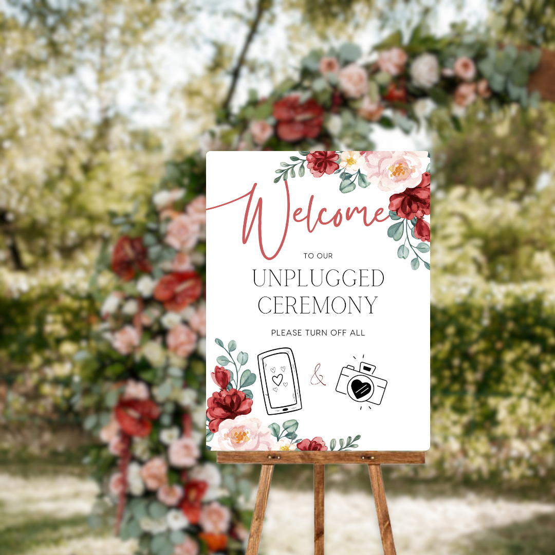 red and cream floral unplugged ceremony sign - affordable personalised wedding signs