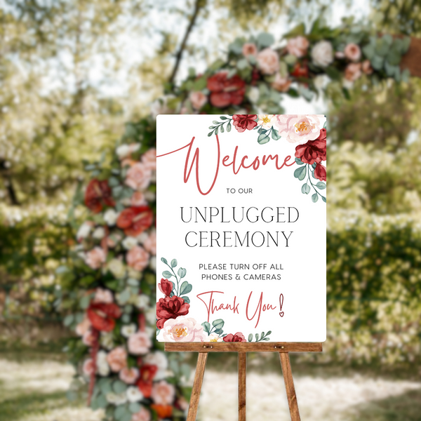 red and cream floral unplugged ceremony sign - affordable personalised wedding signs