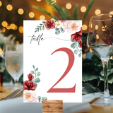 red and cream floral table number signs - wedding table numbers