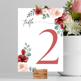 red and cream floral table number signs - wedding table numbers