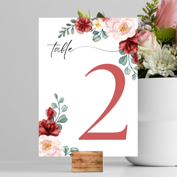 red and cream floral table number signs - wedding table numbers