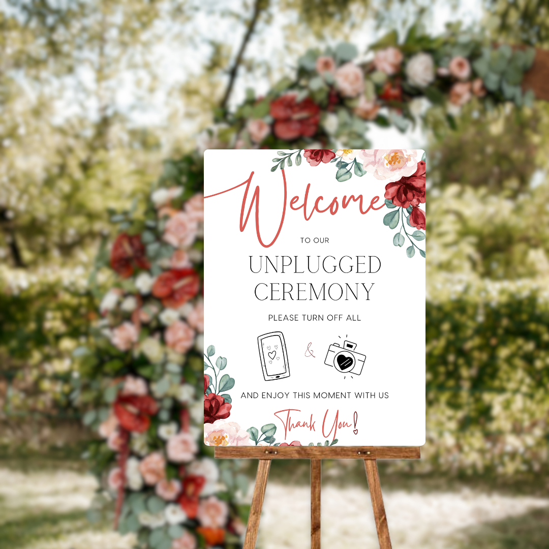 red and cream floral unplugged ceremony sign - affordable personalised wedding signs