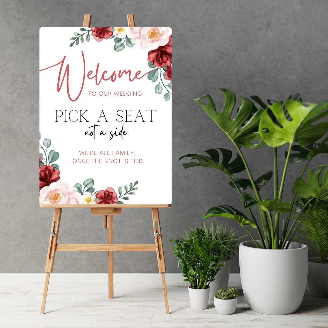 red and cream floral pick a seat not a side wedding sign - affordable wedding ceremony signs