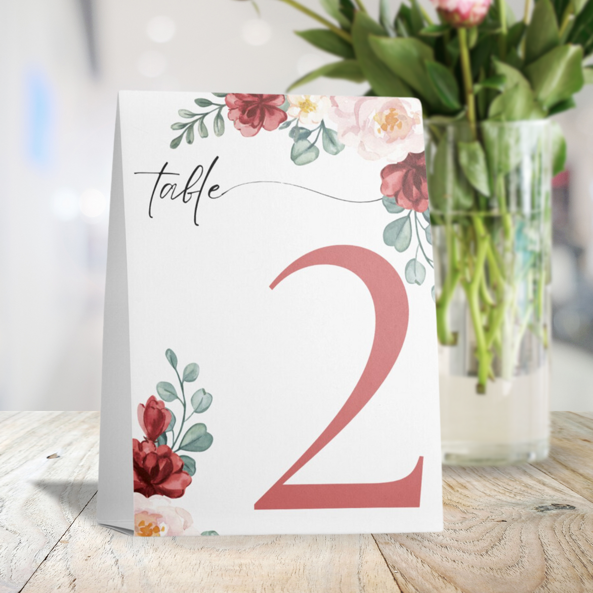 red and cream floral table number signs - wedding table numbers