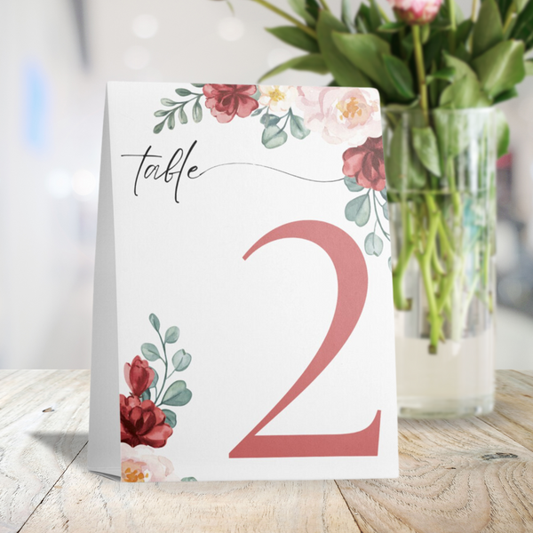 red and cream floral table number signs - wedding table numbers