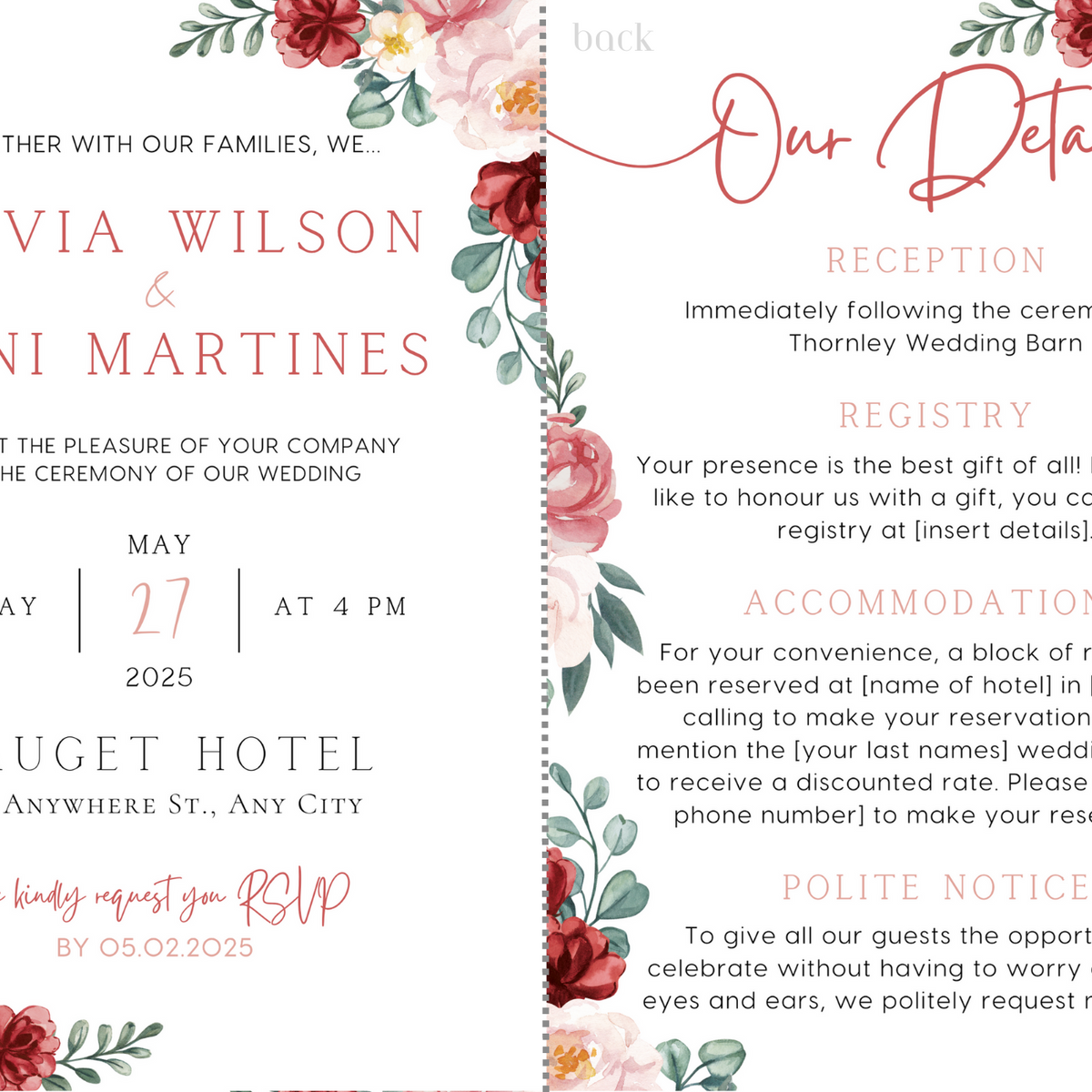 red and cream floral wedding invites - affordable perosnalised wedding invitations