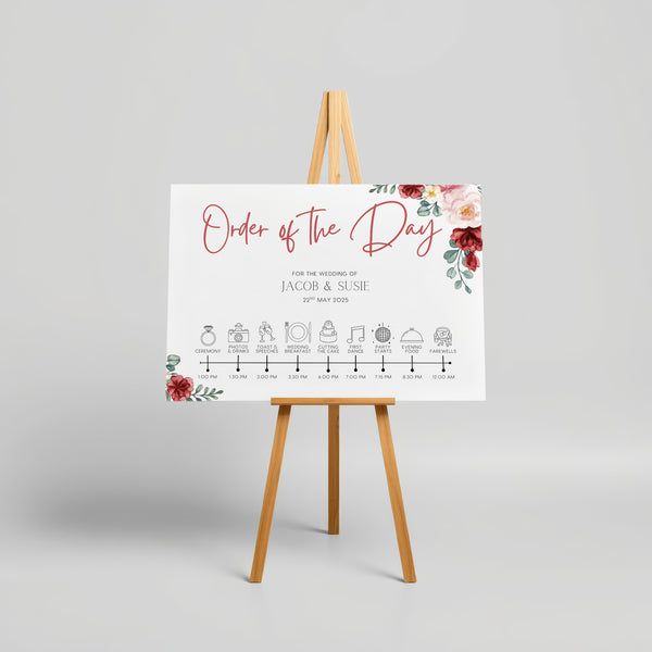 romantic red floral order of the day wedding sign - a crisp white background, with elegant black text and soft, romantic red blooms.