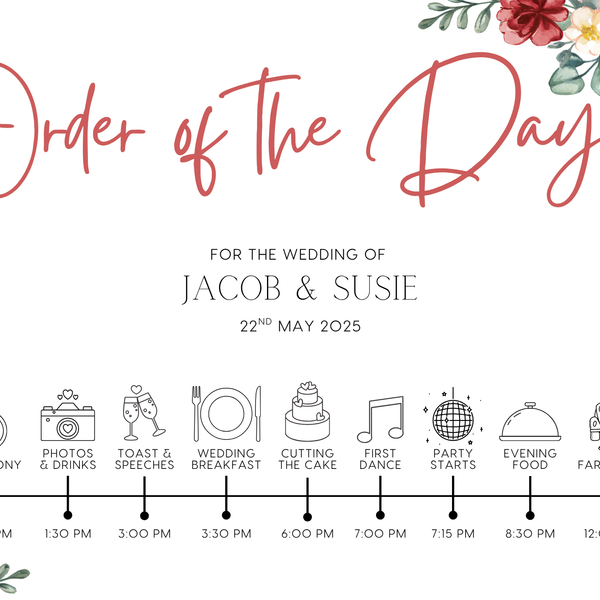romantic red floral order of the day wedding sign - a crisp white background, with elegant black text and soft, romantic red blooms.