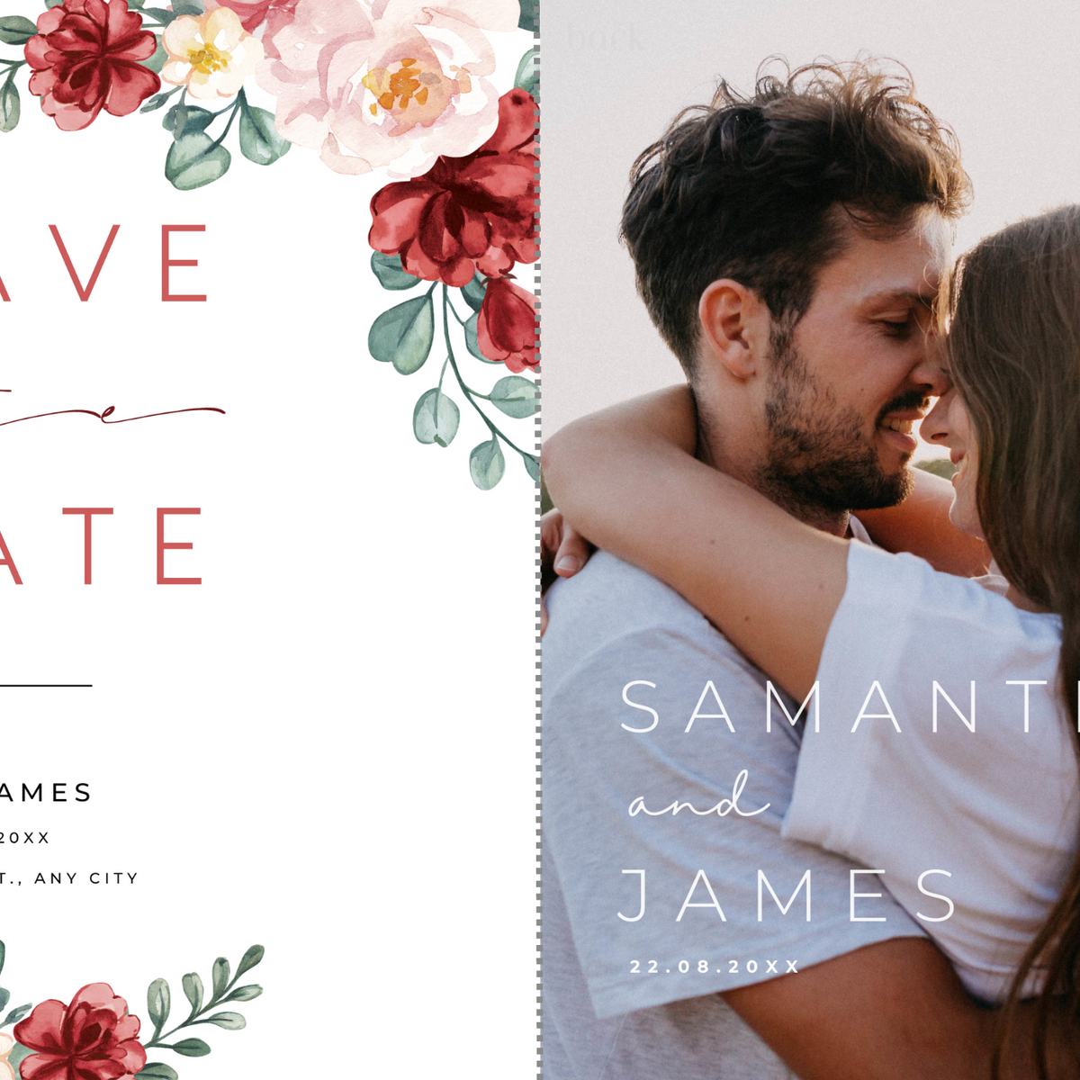 red and cream floral wedding save the date invites - affordable save the dates