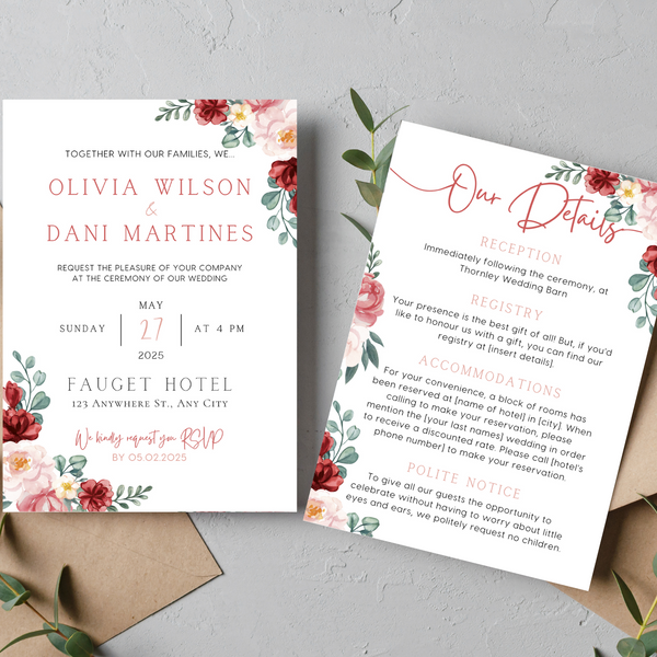 Red & Cream Floral Wedding Invitations