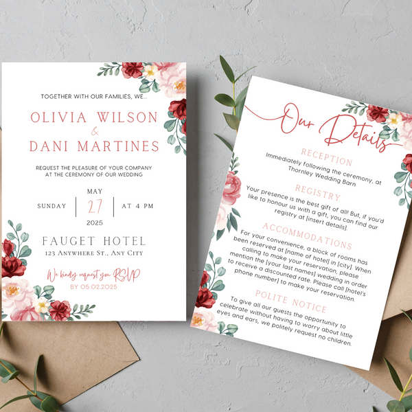 red and cream floral wedding invites - affordable perosnalised wedding invitations