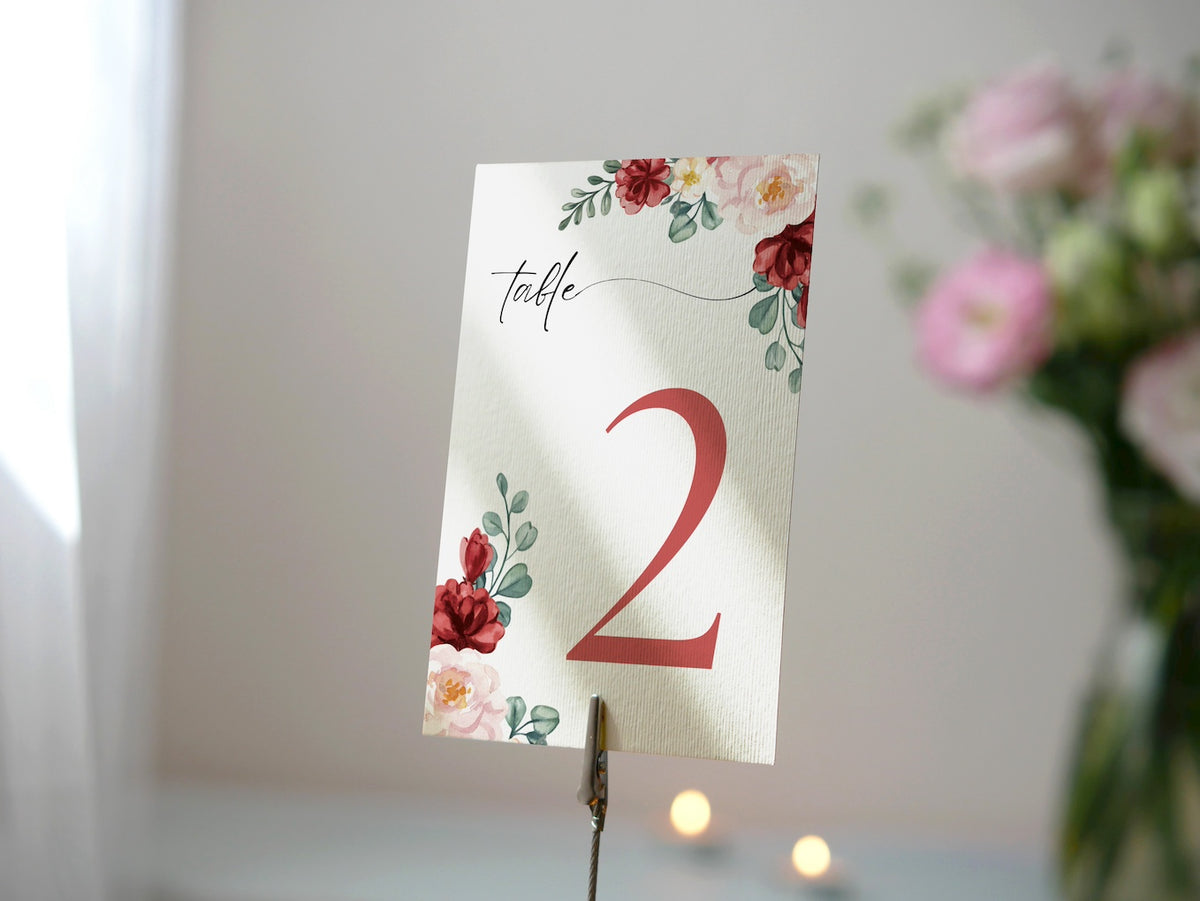 romantic red floral table number for wedding tables - luxury wedding table numbers personalised