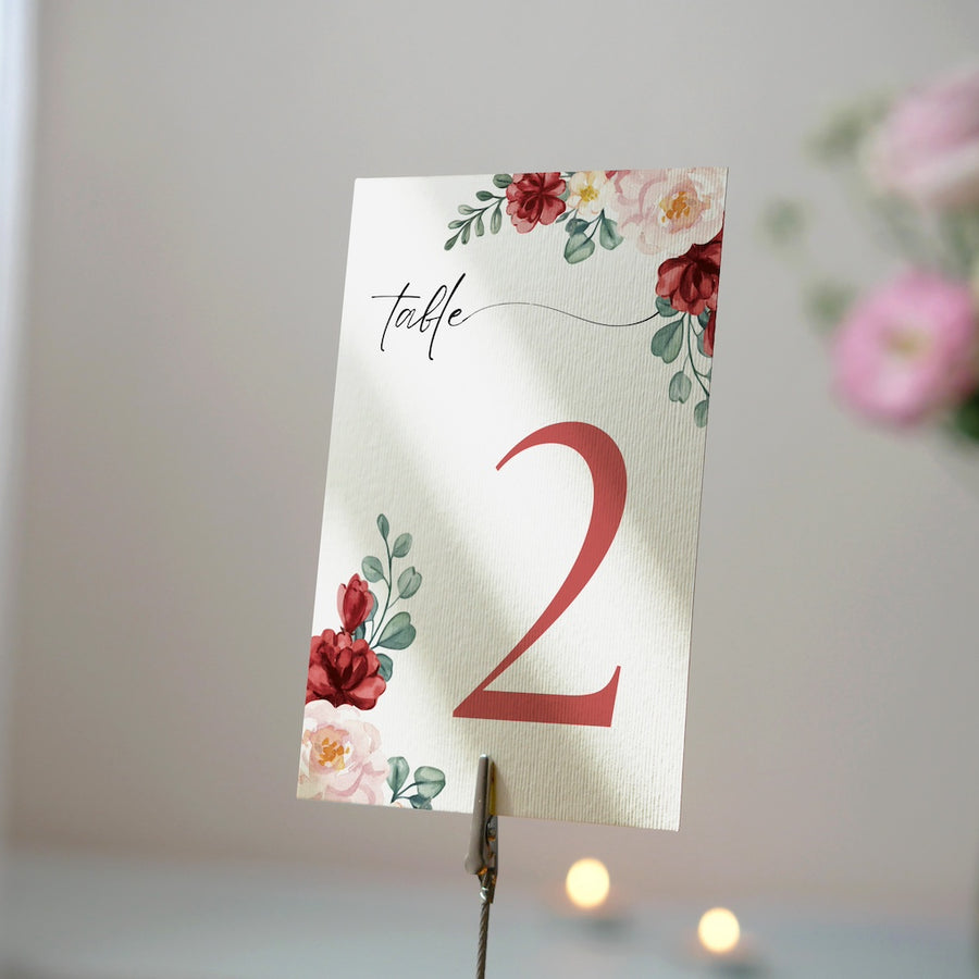 romantic red floral table number for wedding tables - luxury wedding table numbers personalised