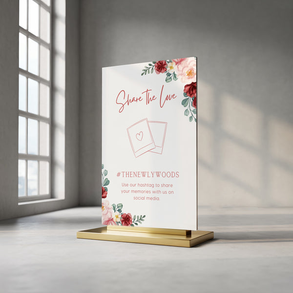 Romantic Red Floral Wedding Hashtag Sign for Reception Display - Personalised wedding hashtag social media sign