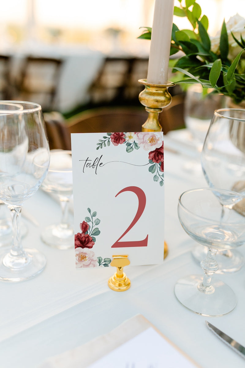 romantic red floral table number for wedding tables - luxury wedding table numbers personalised