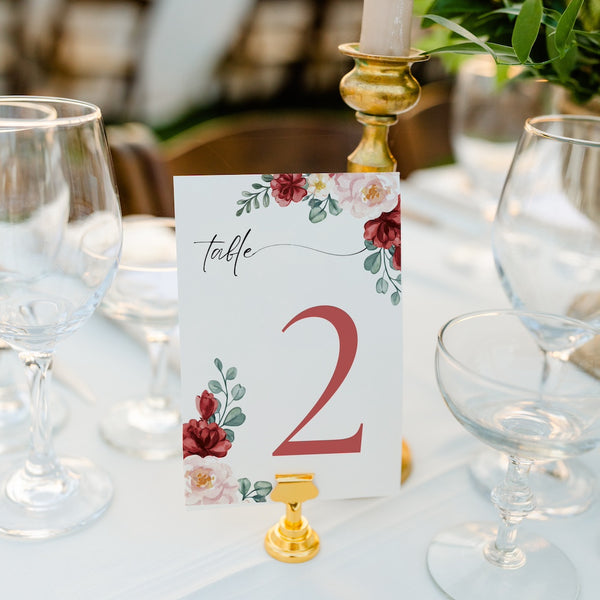 romantic red floral table number for wedding tables - luxury wedding table numbers personalised