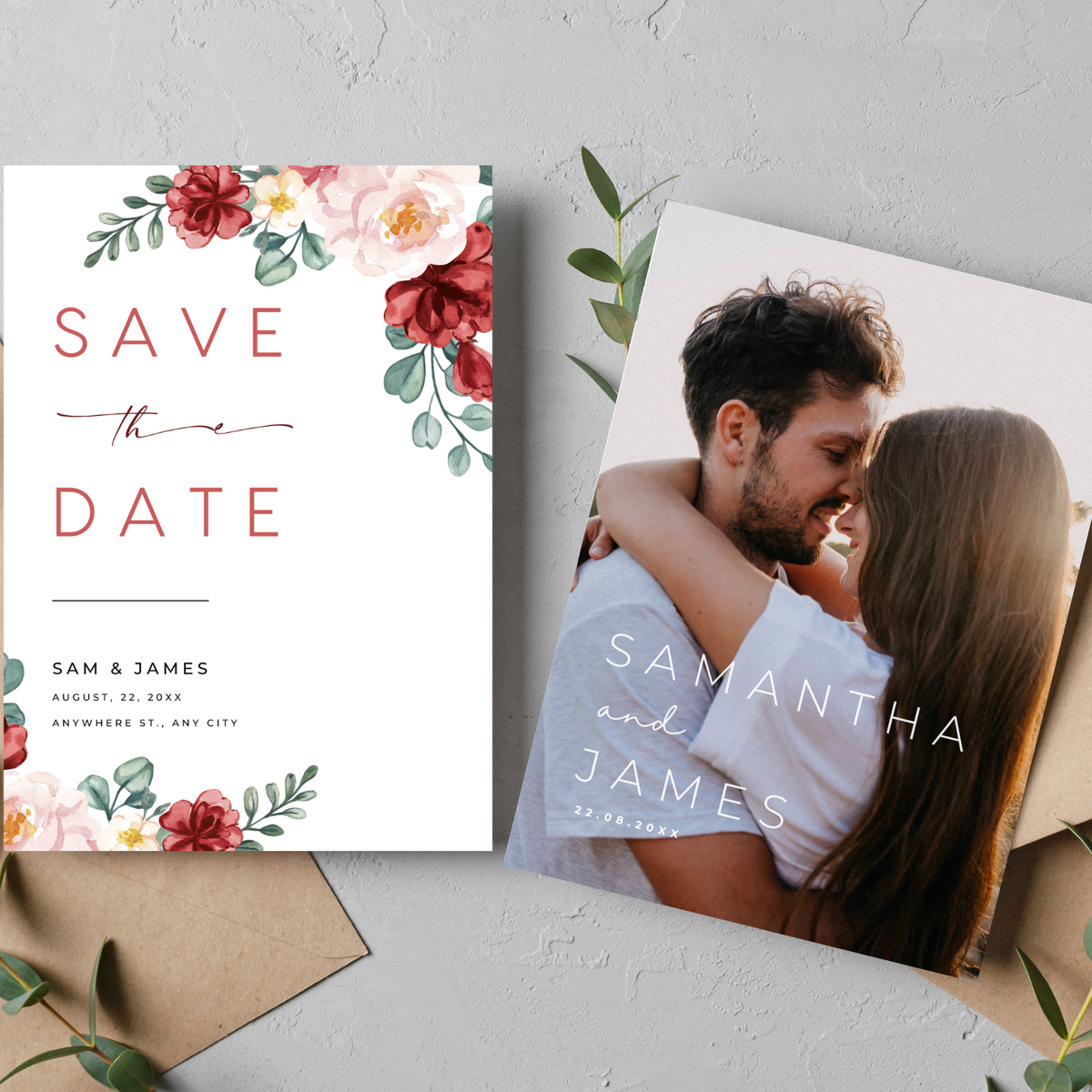 red and cream floral wedding save the date invites - affordable save the dates