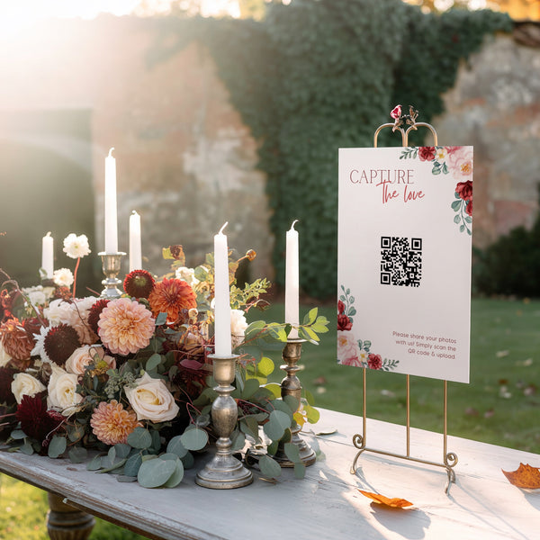 Romantic Red floral photo sharing qr code sign for wedding tables - luxury wedding table signage for guests to share photos