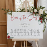 romantic red floral order of the day wedding sign - a crisp white background, with elegant black text and soft, romantic red blooms.